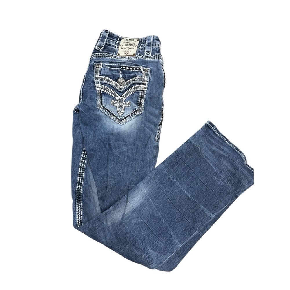 🤑Y2K Rock Revival🚨 Jeans Bootcut‎ Thick White Stitching Denim 🔥 Pockets 30